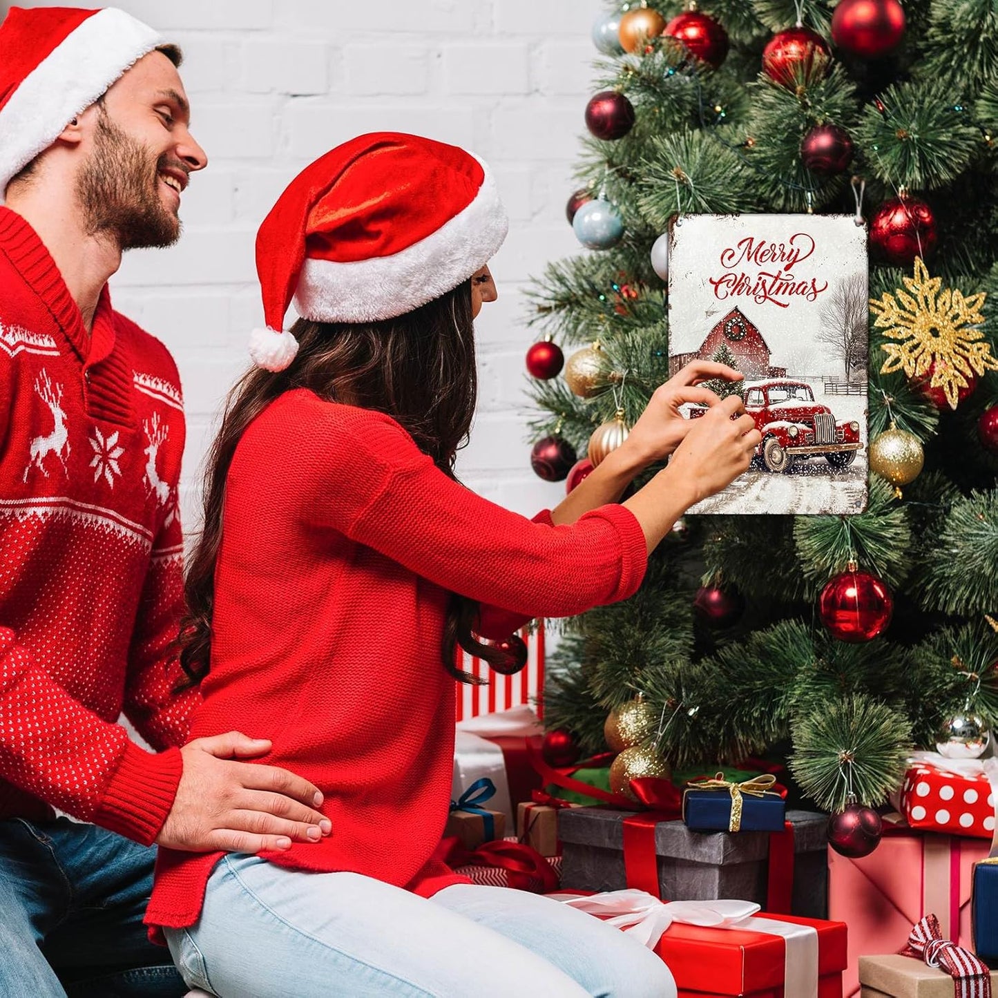 Vintage Christmas Red Truck Tin Sign Merry Christmas Truck Christmas Tree Metal Tin Sign Winter Rustic House Yard Xmas Pickup Holiday Wall Decorations Tin Sign 8x12Inch