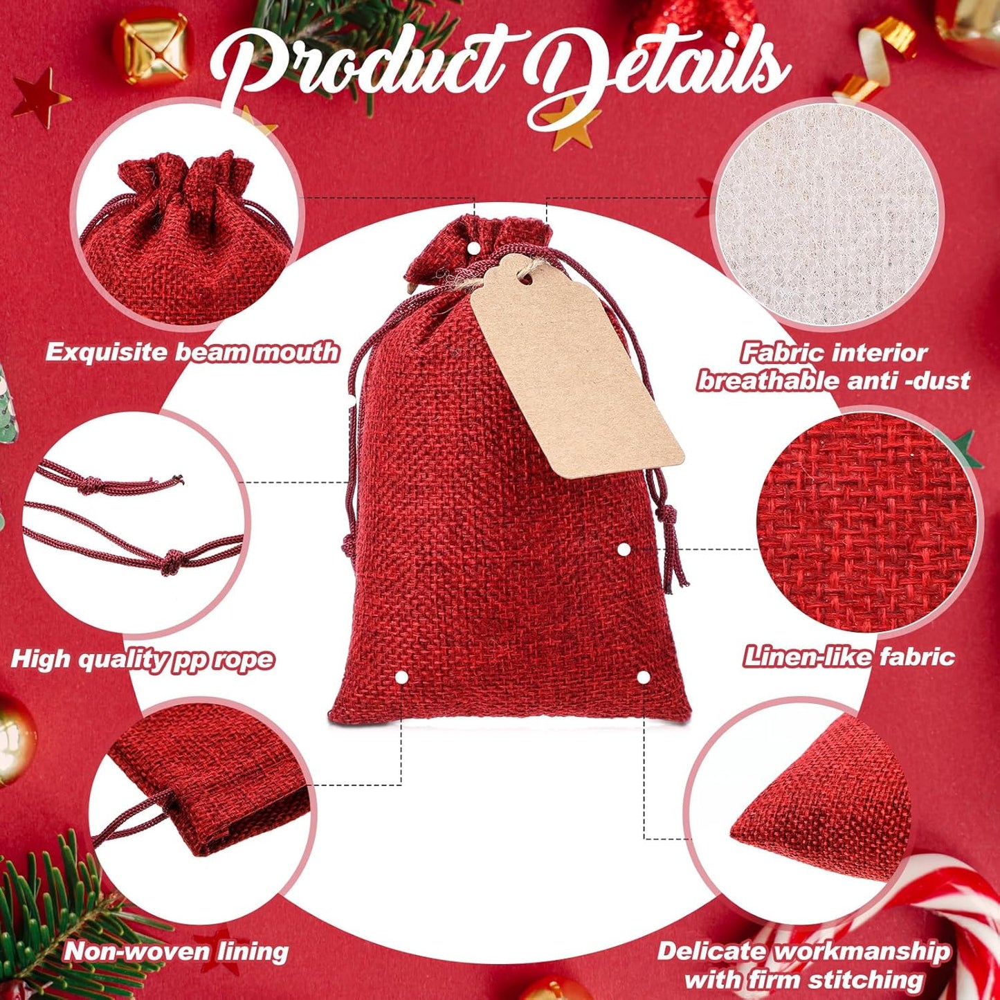 Woanger 100 Pcs Burlap Gift Bags with 100 Pcs Kraft Paper Gift Tags Drawstring Favor Bulk Burlap Sack Bags for DIY Wedding Party Craft (3 x 4 Inch,Burgundy)