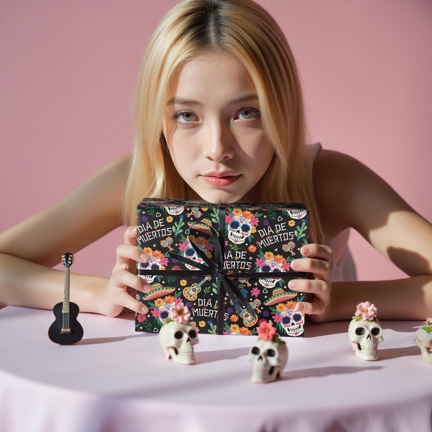 LeZakaa Day of the Dead Wrapping Paper Roll, Colorful Sugar Skulls Maracas Flowers Sombreros Design, Día de Muertos Gift Wrap in Black, Mini Roll 17 in x 16.4 Ft