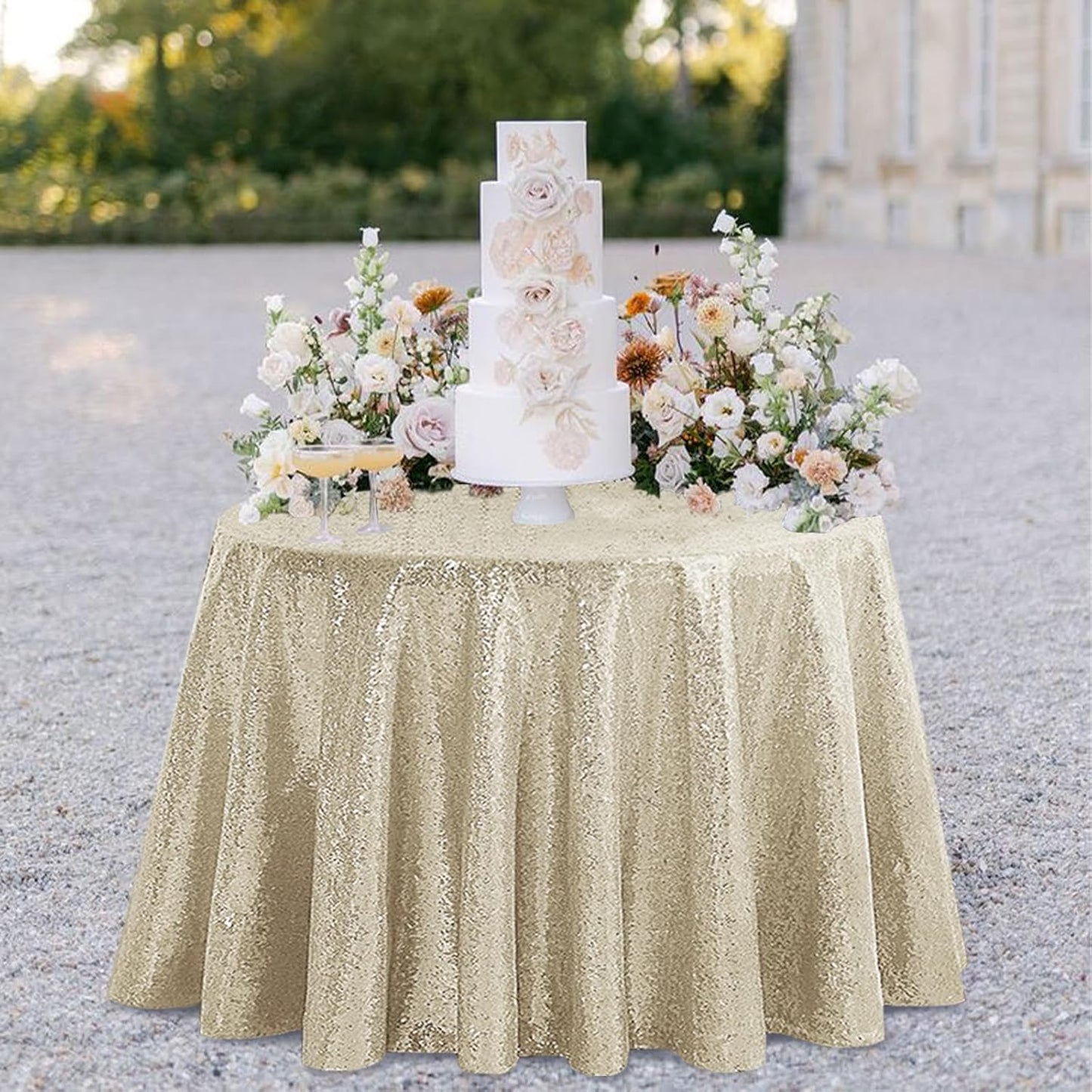 OQSQ Champagne Round Sequin Tablecloth, Glitter Tablecloth for Bridal Shower Decorations, Birthday, Wedding, Dessert, Banquet（50X50 inch Round,Champagne）