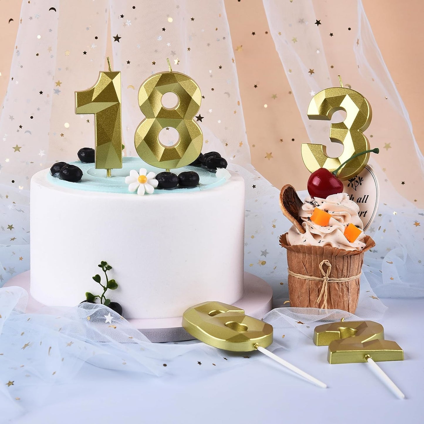 PHD CAKE 2.76 Inch Crystal Gold 9 Number Birthday Candles, Gold Cake Candles for Party Celebration