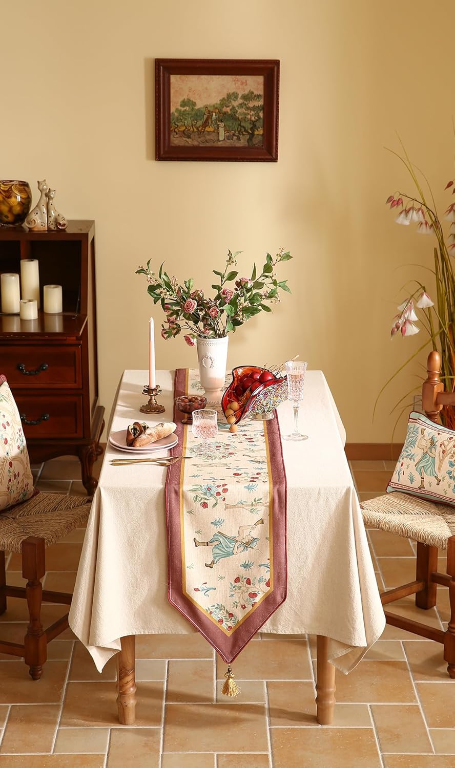 patdrea Designer Idyll Linen Extra Long Table Runner,Vintage Beige Farmhouse with Ancient Figure and Fruit Trees Pattern Table Mat, Decoration for Kitchen Dining Banquet Christmas ,12"*102"