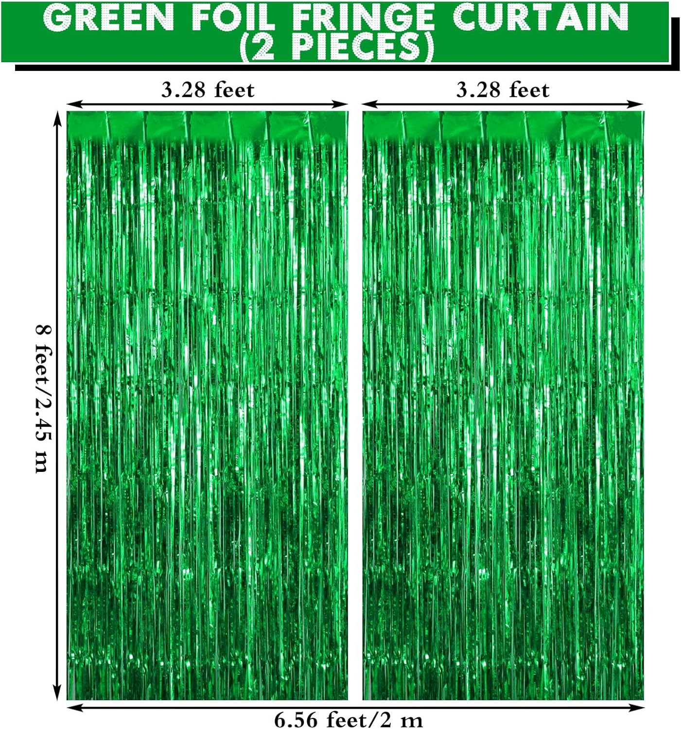 2 Pack Green Fringe Curtains Foil Shiny Fringe Backdrop Tinsel Door Streamers Foil Curtains for Birthday Wedding Engagement Bridal Shower Celebration Party Decorations Large