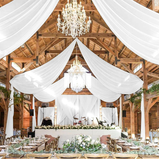 4 Panels White Wedding Ceiling Drapes 5ftx30ft Ceiling Drapes Chiffon Fabric Arch Draping Sheer Curtains Soft Drapery Draping Wedding Ceiling Decorations for Party Ceremony Stage Swag