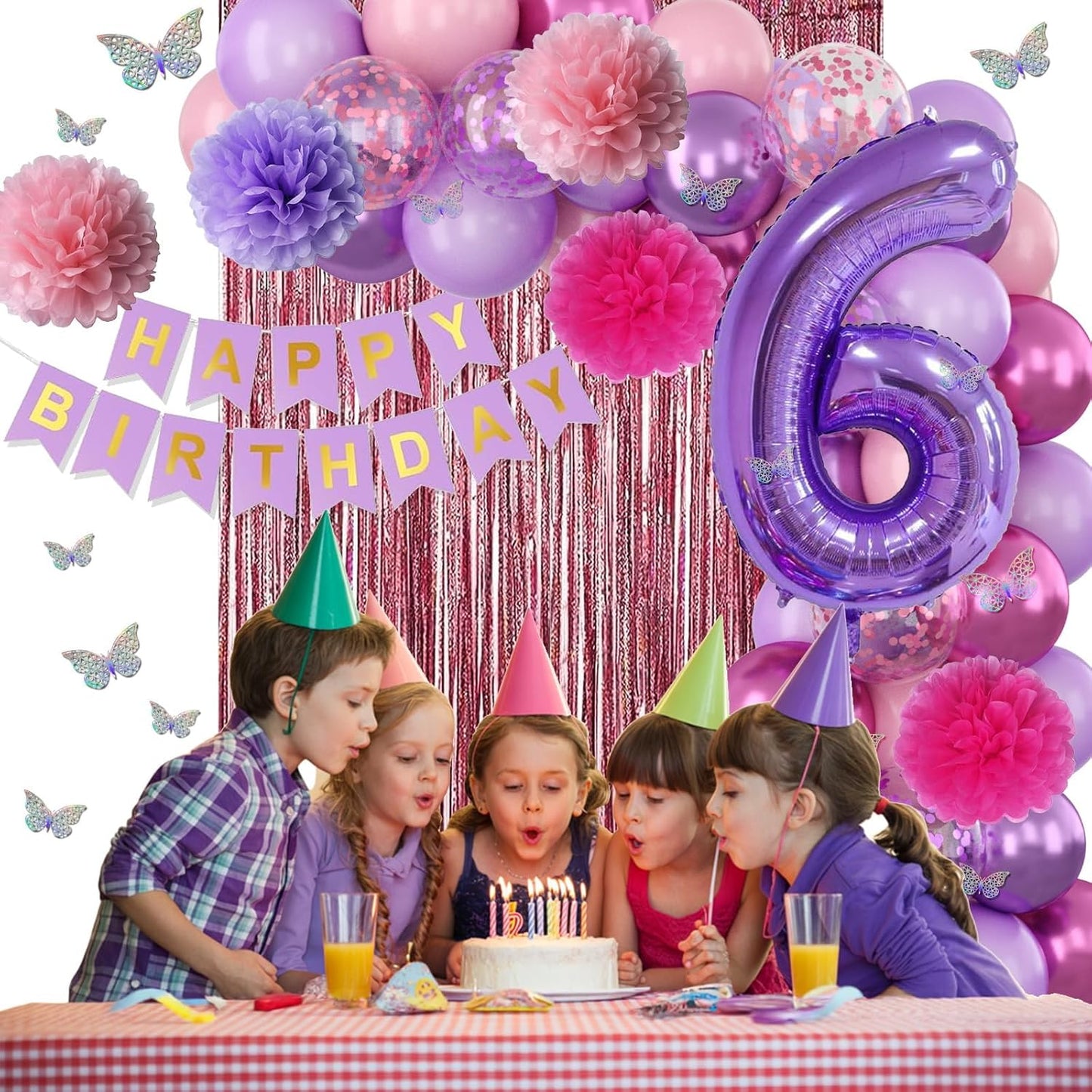 Pink Purple 6th Birthday Party Decorations for Girls Number 6 Balloon Happy Birthday Banner Butterfly Stickers Fringe Curtain Paper Pom Poms Metallic Hot Pink Star Foil Balloons 6 Year Old Princess