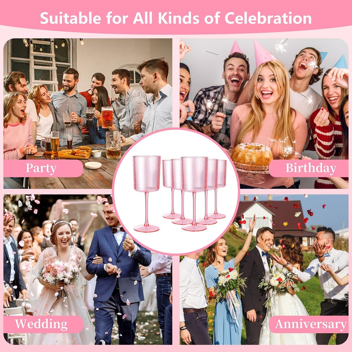 Ciaell 12 PCS Pink Plastic Ribbed Wine Glasses - 10 OZ Plastic Square Wine Glasses with Stem - Disposable Champagne Cups for Parties & Weddings & Party