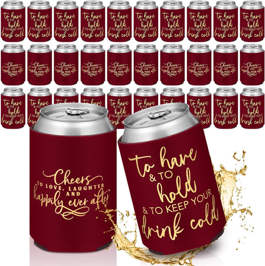 50 Pieces Burgundy Wedding Can Cooler Sleeves Bulk Engagement Party Favors for Guests Cheers to Love Laughter and Happily Ever After Rehearsal Dinner Decorations for Wedding Bridal Parties