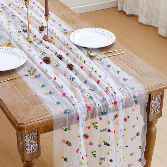 JIALE Ivory Floral Table Runner, Embroidery Daisy Seasonal Table Decorations, 120Inch 10FT 1PC Tulle Fabric for Home Decor, Bridal Shower Wedding, Baby Shower Parties, DIY Craft