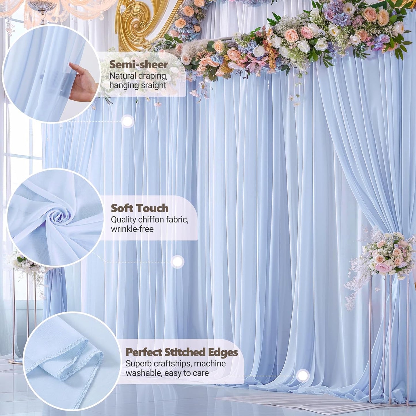 10ft x 10ft Baby Blue Backdrop Curtains, Wrinkle-Free Sheer Chiffon Fabric Photo Backdrop Draping Fabric for Wedding Arch Baby Shower Gender Reveal Photography Decorations