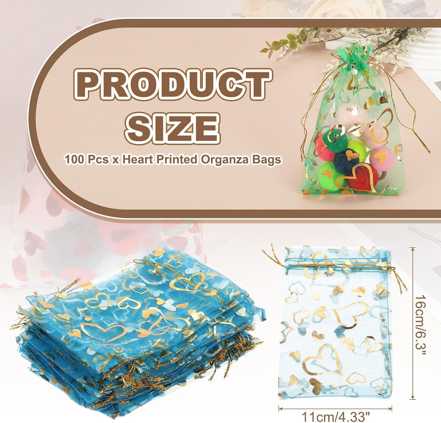 PATIKIL 100 Pcs 4x6 Inch Heart Printed Organza Bags, Lake Blue Sheer Heart Organza Bags with Drawstring for Christmas Candy Jewelry Party Wedding Favor Gift