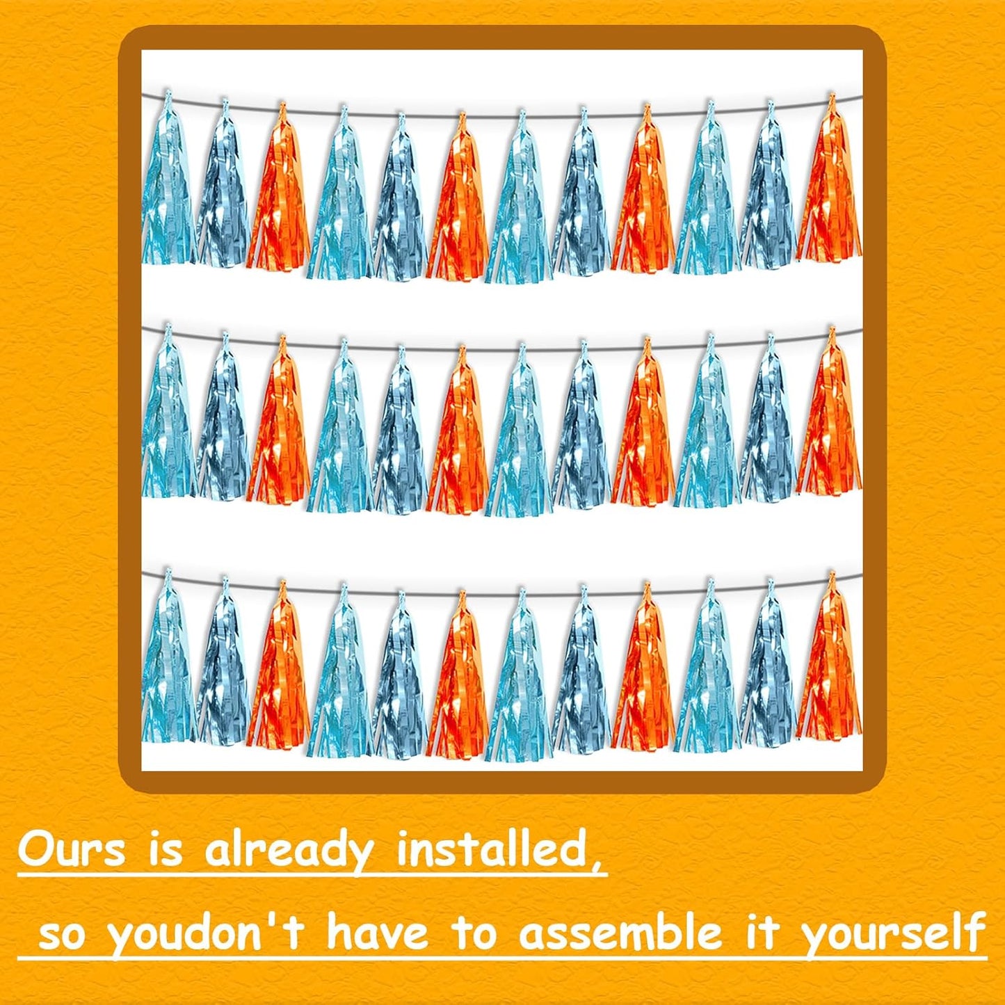 3P Lake Blue Light Blue-Orange Metallic Fringe Tassel Banner Garland Foil Tinsel Streamer Wall Hanging Curtain Backdrop Banner for Parade Floats,Graduation Decorations, Wedding Party Decoration