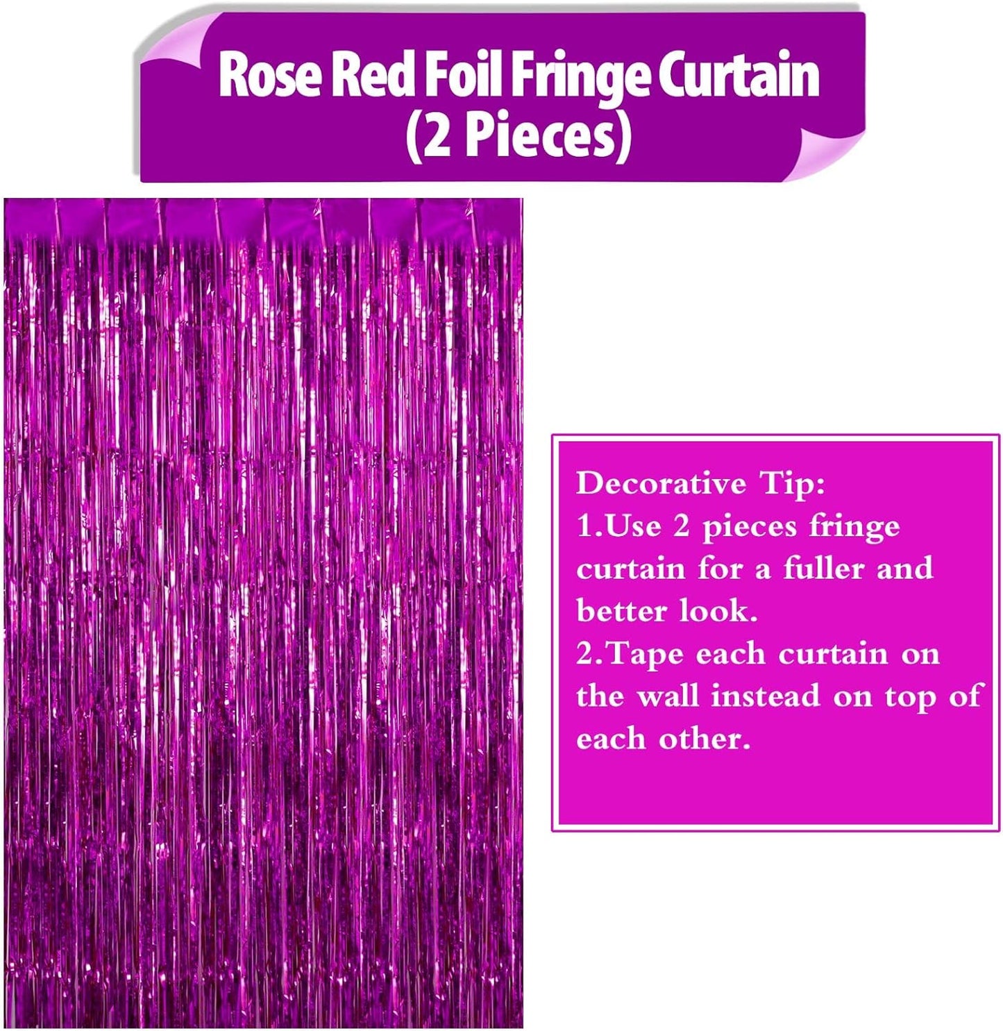 2 Pack Rose Red Fringe Curtains Foil Shiny Fringe Backdrop Tinsel Door Streamers Foil Curtains for Birthday Wedding Engagement Bridal Shower Celebration Party Decorations Large
