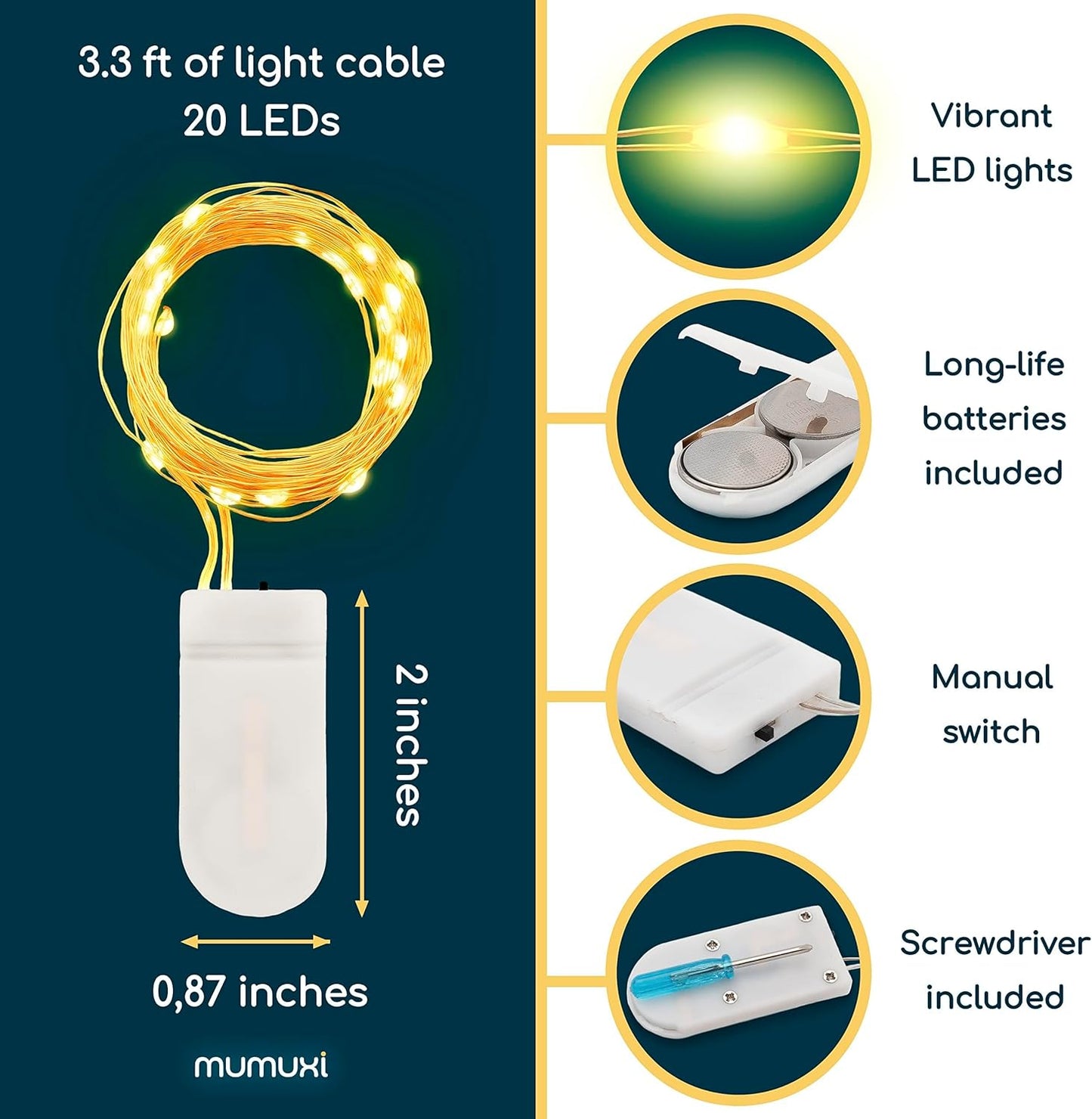 MUMUXI 20 Pack 3.3ft Fairy String Lights Battery Operated, Mini LEDs for Party Wedding Centerpiece Decorations, Crafts, Mason Jar Firefly Lights, Warm White