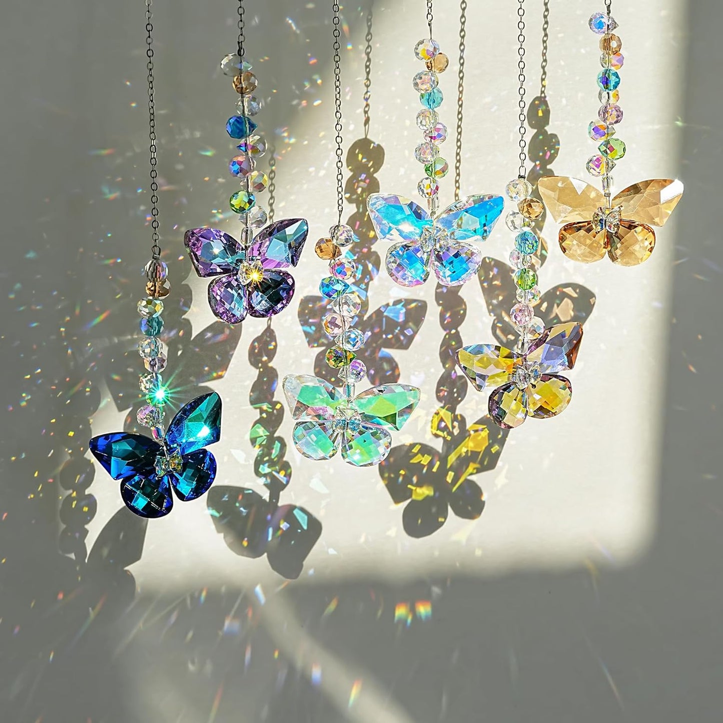 HDCRYSTALGIFTS 6PCS Crystal Butterfly Suncatchers for Window Hanging Ornaments, Rainbow Maker Sun Catchers Indoor Window Wedding Garden Home Decor Gifts
