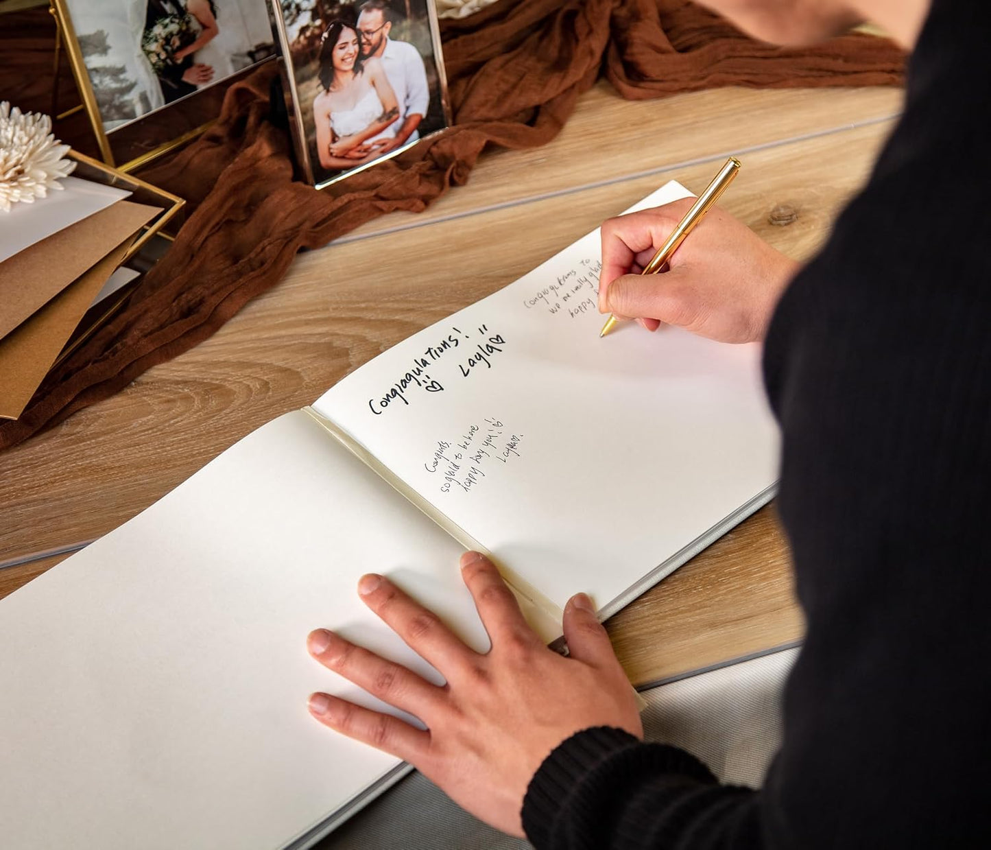 MUUJEE Personalized Guestbook in Tan - Premium Tan Leatherette Custom Modern Guest Book for Wedding Reception, Birthday Party or Events w/Bookmark Blank Pages for Signing, Large 11.5 x 8.5 inches