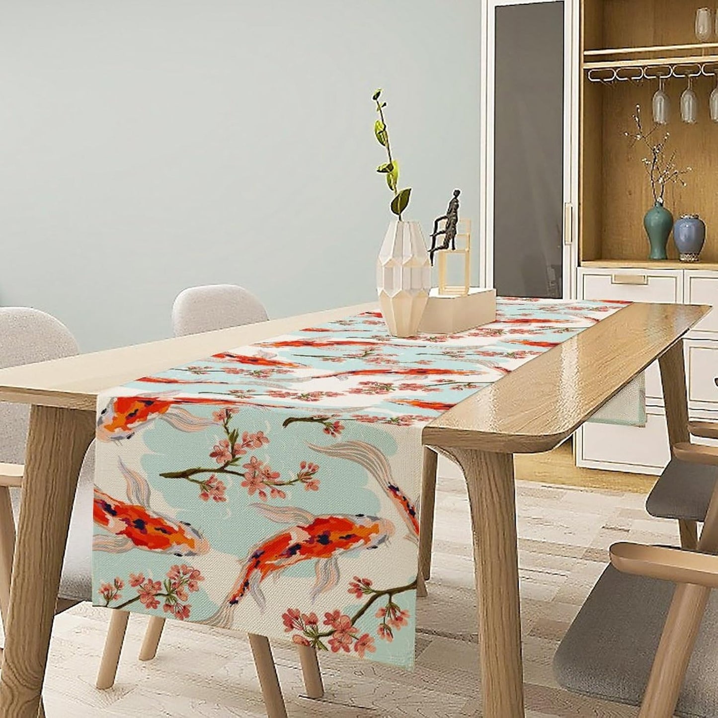 Japanese Kio Fish Table Runner Cherry Flower Art Printed Burlap Runner Home Kitchen Dining Table Living Room Decor Fabric 1 Panel W13xL90in