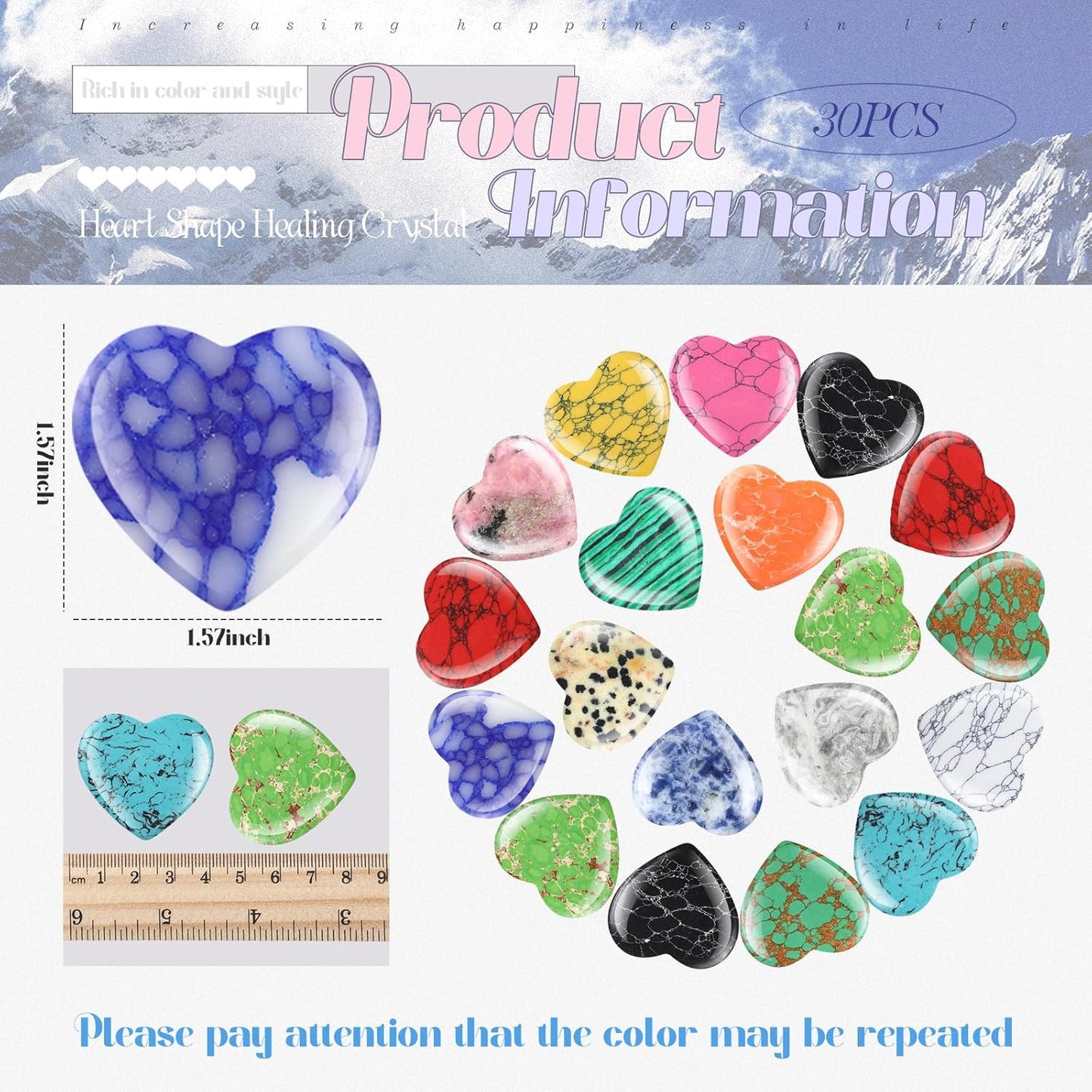 Nuenen 30 Pcs Heart Shape Crystals Bulk 1. 57 Inch Gemstone Heart Stones Worry Stone Rocks Quartz Love Pocket Palm Hearts Bulk for Mother's Day Stress Relief Gift (Fresh Color)