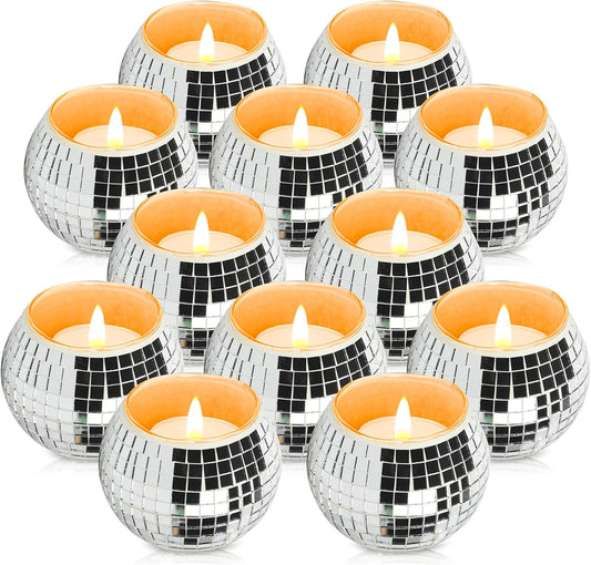 12 Pcs Disco Ball Candle Holder Glass Mirror Candle Holder Disco Ball Decor for Wedding, Party, and Christmas