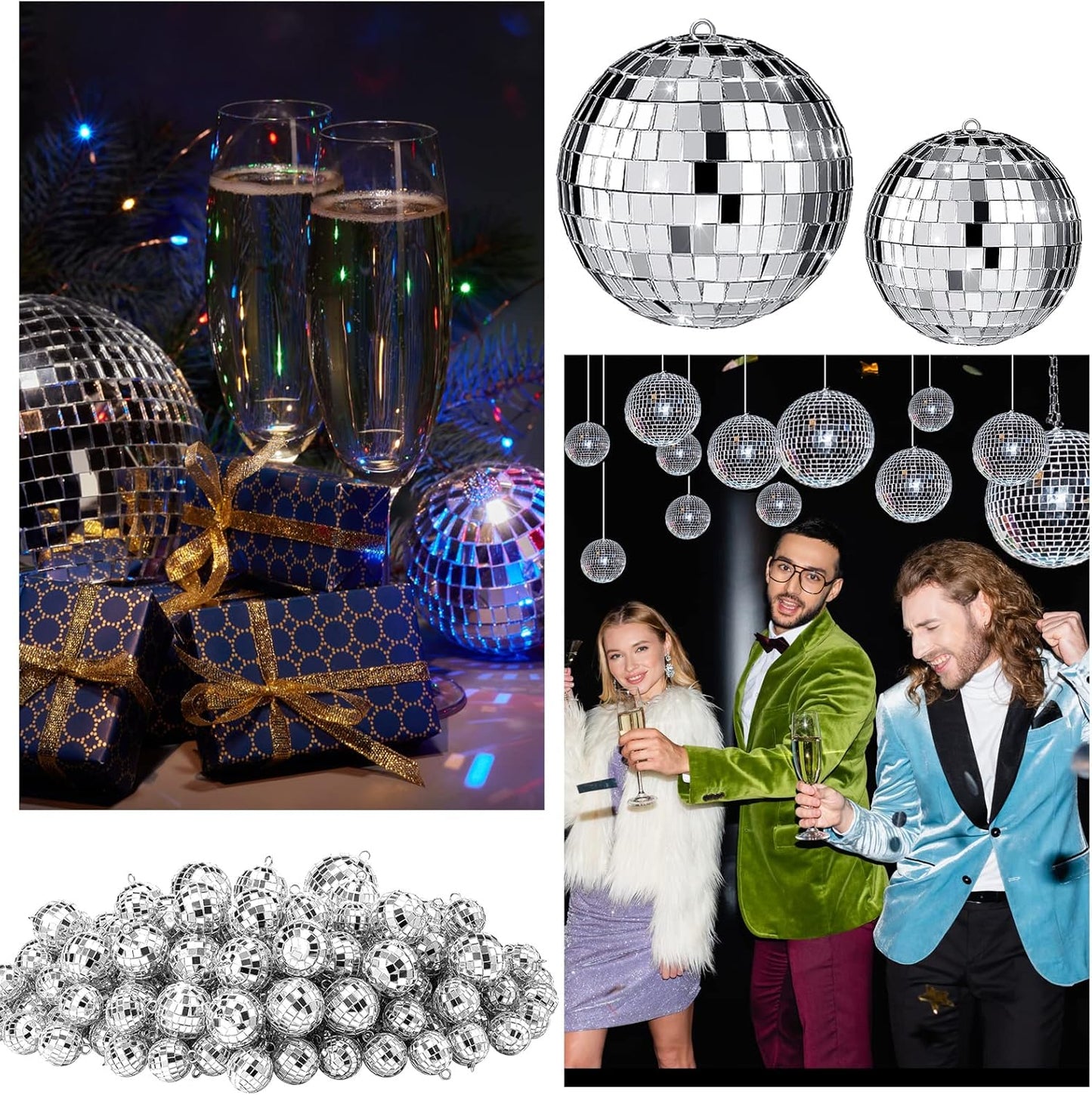 Funtery 100 Pcs Mirror Disco Balls Bulk Assorted Silver Hanging Disco Ball Decor for Home Wedding Birthday Dance Music 70 S Theme Party Christmas Tree Ornaments(1.2'', 2'', 3.2'', 4'')