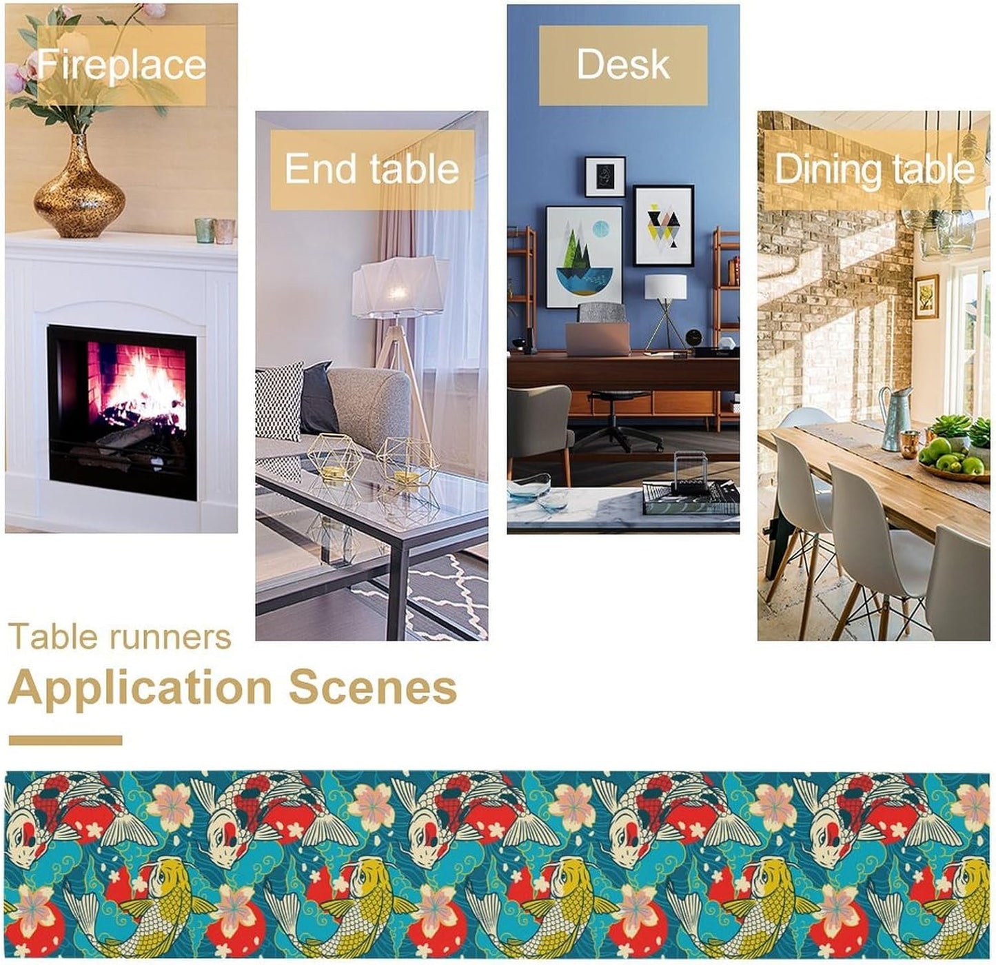 Japanese Kio Fish Table Runner Oriental Tradition Cherry Art Printed Burlap Runner Home Kitchen Dining Table Living Room Decor Fabric 1 Panel W13xL70in