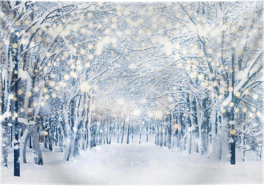 10x8FT Winter Snowy Scene Photography Backdrop Wonderland Snowflake Tree Snow Background Bokeh Glitter White Snow Forest Landscape Party Photo Booth Studio Props