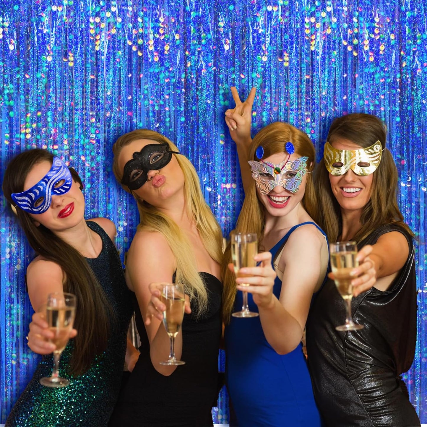 4 Packs Blue Foil Fringe Curtain, Navy Blue Metallic Tinsel Backdrop for Birthday, Wedding, Baby Shower, Bachelorette, Graduation, Galaxy Space Party Decorations Supplies