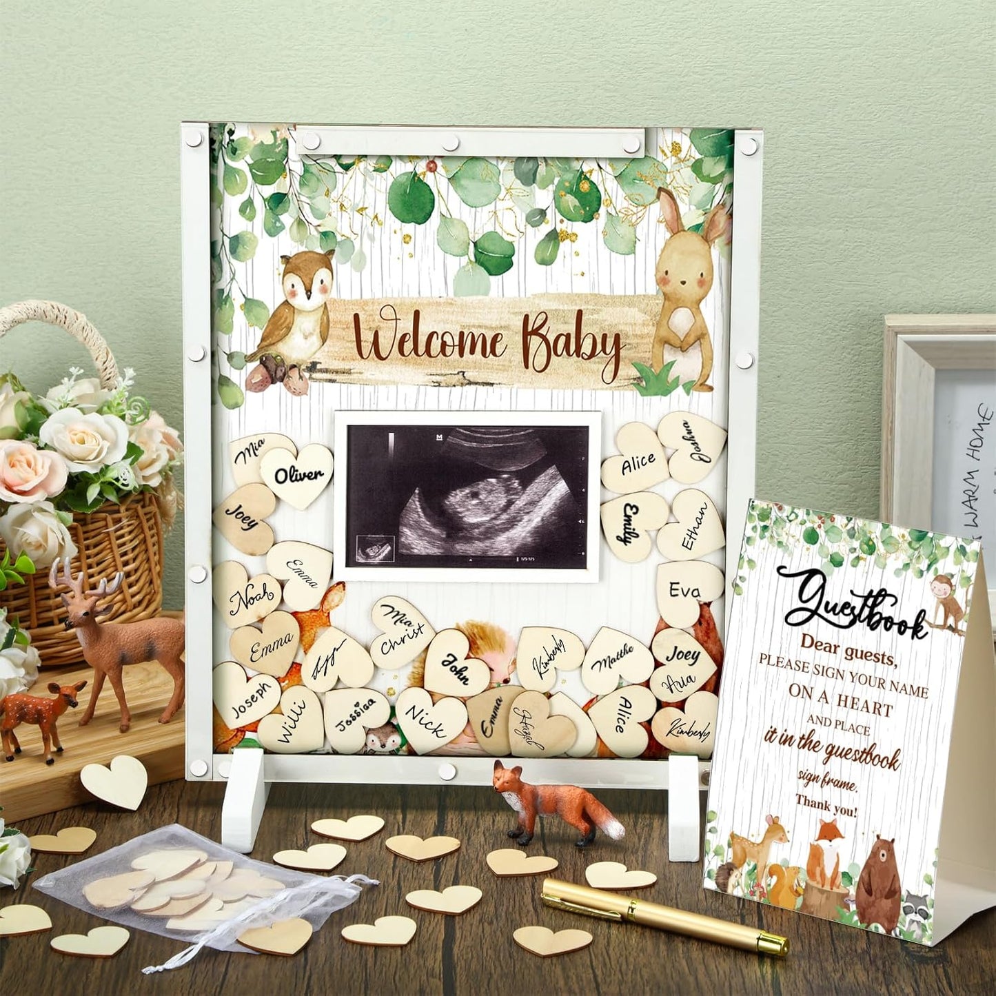 65 Pcs Woodland Animal Baby Shower Guest Book Alternatives He or She Gender Reveal Baby Shower Decorations Sign in Guest Book with Picture Frame and 60 Wooden Chip