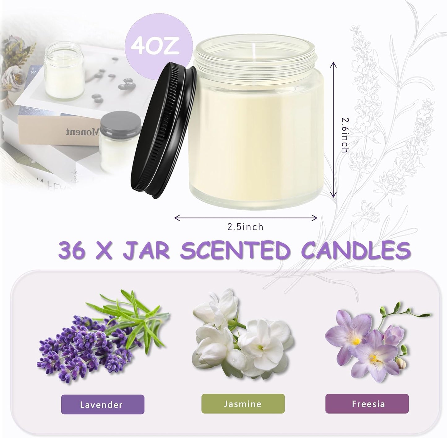 ACITHGL 36 Pcs 4oz Mini Mason Jar Candles Small Scented Candles Bulk Aromatherapy Ideal Souvenir Favors for Wedding Birthday Party (Freesia, Lavender, Jasmine, Black)