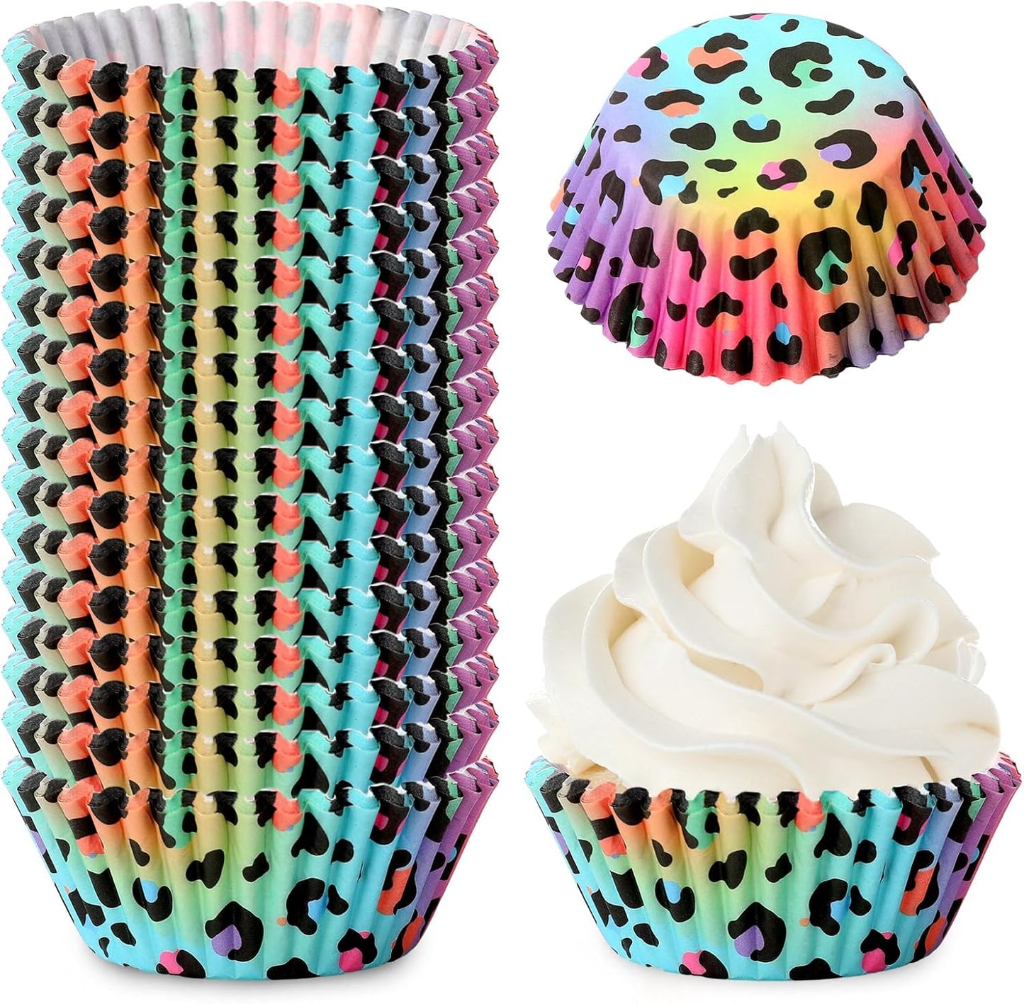 Whaline 300Pcs Leopard Print Cupcake Liner Neon Animal Spot Paper Baking Cup Rainbow Muffin Liner Cake Storage Container For Party DIY Craft, 2 x 1.2 Inch