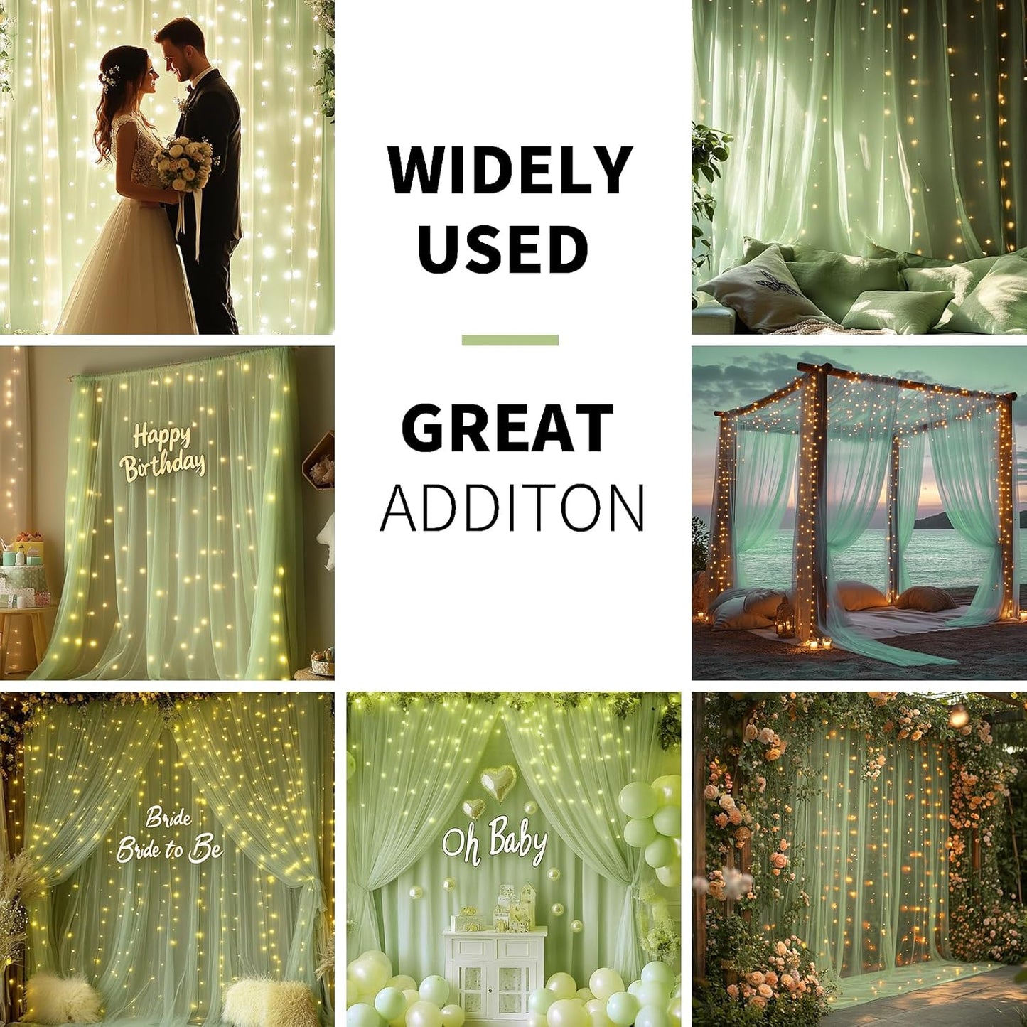 Sage Green Tulle Backdrop Curtain with Lights String - 10x10ft Sheer Backdrop with 300 LEDs for Wedding, Baby Shower, Bridal Shower, Birthday Party Photo Shoot Background and Home Decorations