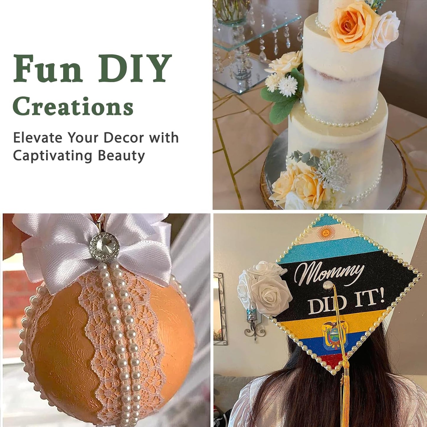 Half-Round Pearl Bead Garland String 27 Yards, 6MM Flat Pearl Beaded Spool Roll Crafts for Wedding Party Decoration(White)