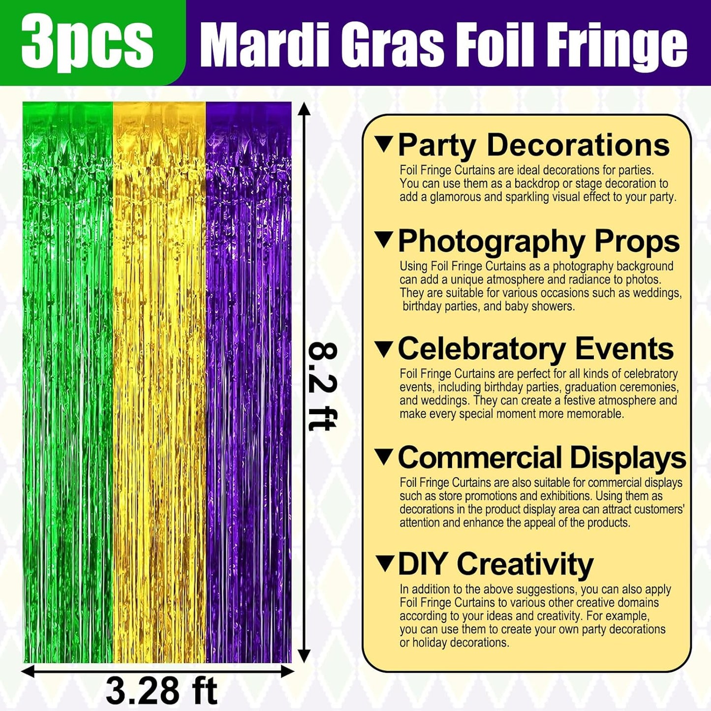 3 Pack Gold Green Purple Foil Fringe Curtain Backdrop, 3.28Ft x 8.2Ft Metallic Tinsel Foil Fringe Streamer Curtains for Photo Booth, Christmas Day, Thanksgiving, Wedding, New Year Party Decorations