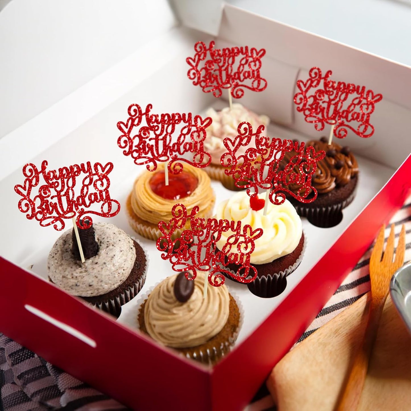 Gyufise 24Pcs Happy Birthday Cupcake Toppers Glitter Happy Birthday Cupcake Picks for Celebrating Happy Birthday Anniversary Theme Party Cake Decorations SuppliesRed