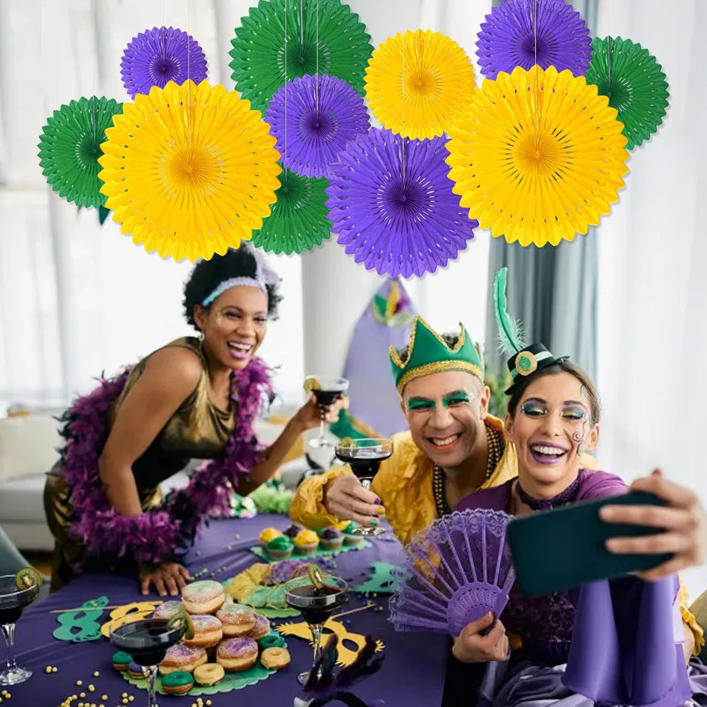 18 Pcs Mardi Gras Hanging Paper Fan, Hanging Honeycomb Round Paper Fans for Weddings, Birthdays, Christmas, Baby Showers, Classroom, Events Ceiling Party Supplies Decorations