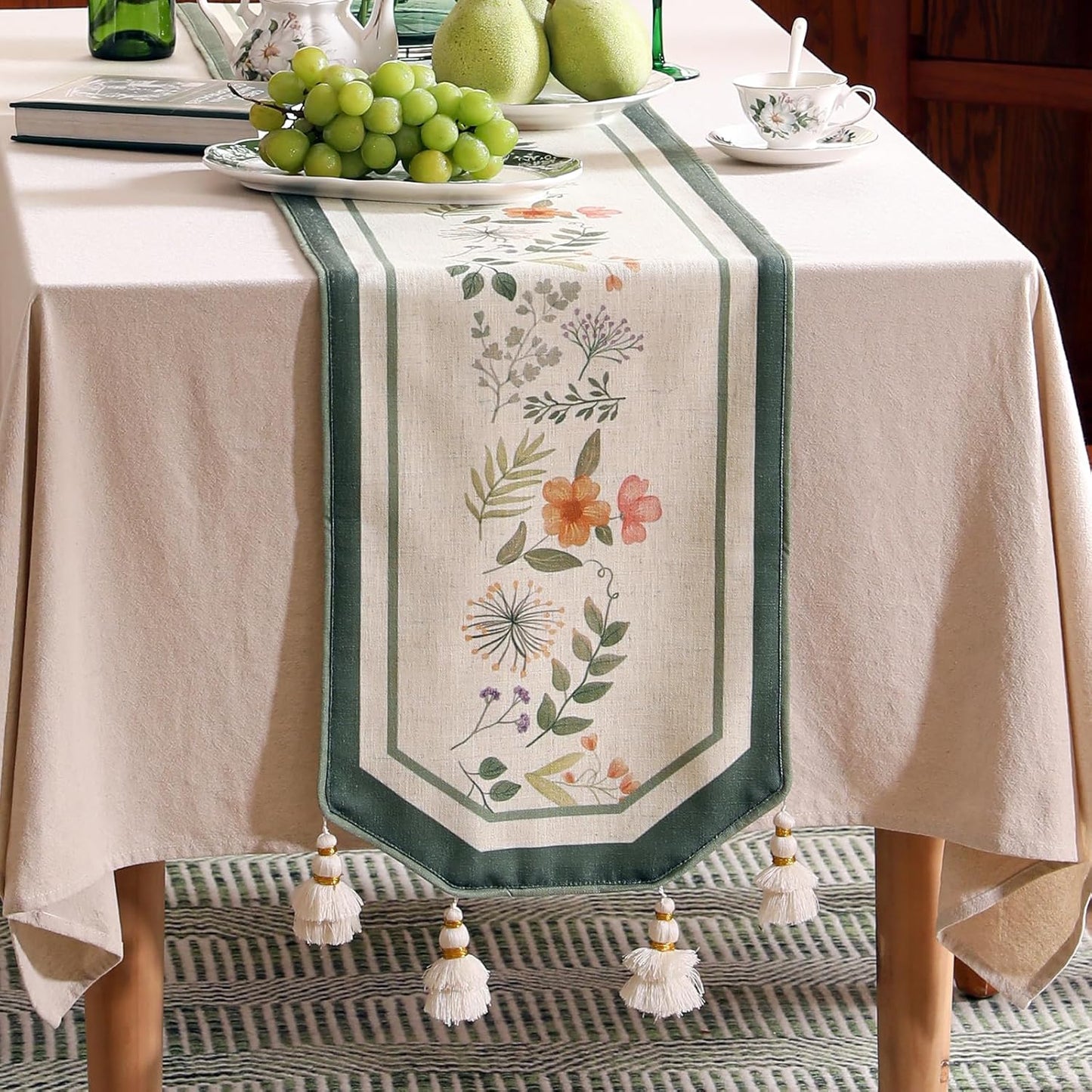 Linen Cheesecloth Table Runner,French Farmhouse Shabby Chic Floral Pattern 71 Inches Long Wrinkle Free Table Runners,Decor Tabletop for Kitchen,Dining,Party,Home,Christmas,12"*71"