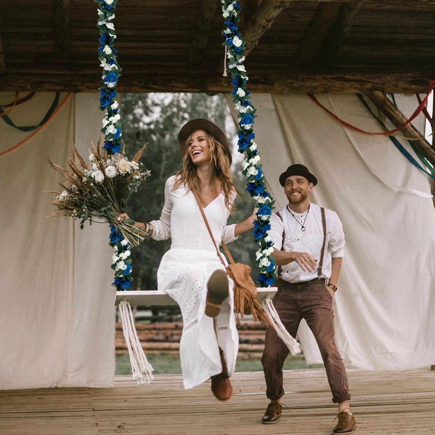 8Pcs 63Ft Royal Blue&White Fake Rose Hanging Flowers, Artificial Flower Vine, Hanging Floral Vine Garland for Wedding, Wall Arch, Halloween, Christmas Garden Backdrop Decor