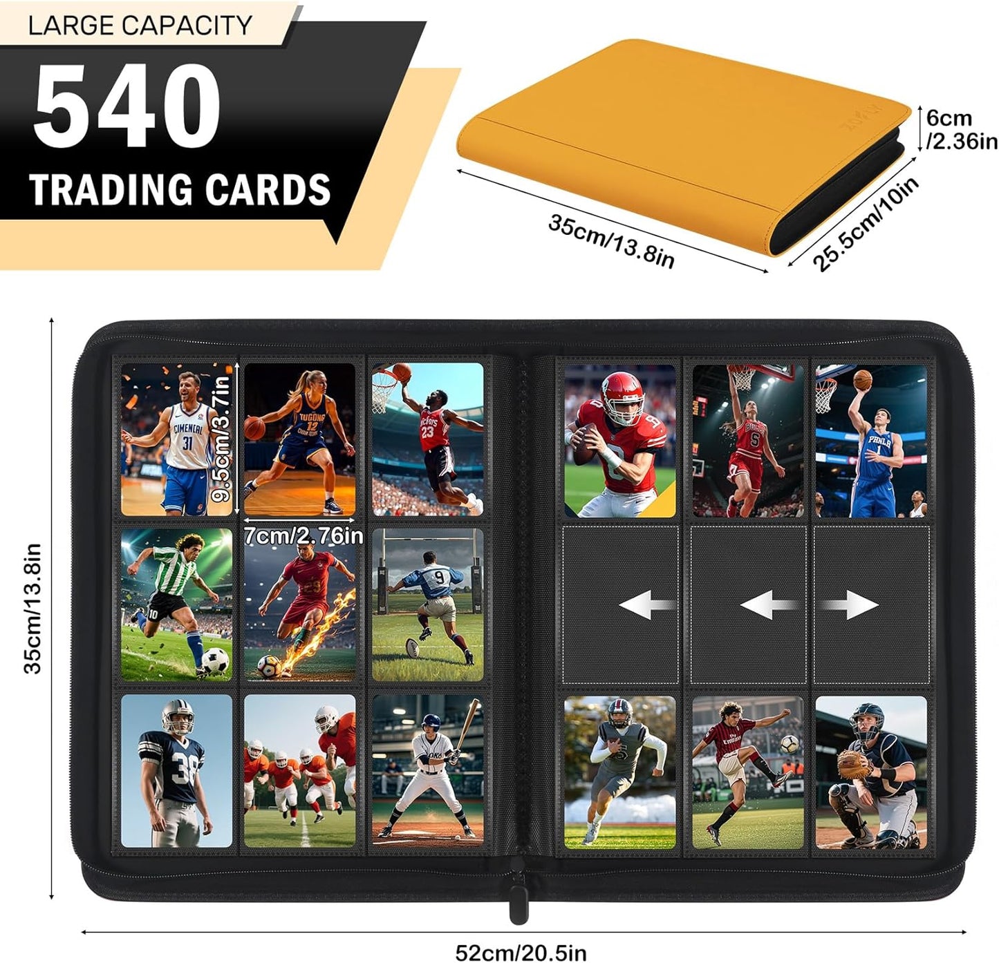 9 Pocket Card Binder, 540 Premium Zip Trading Card Binder, Double-sided Side Loading Card Collection Binder Album, Durable Leather Cover, Ringless Card Folder for Gifts, MTG, TCG, Sport Cards, Yellow