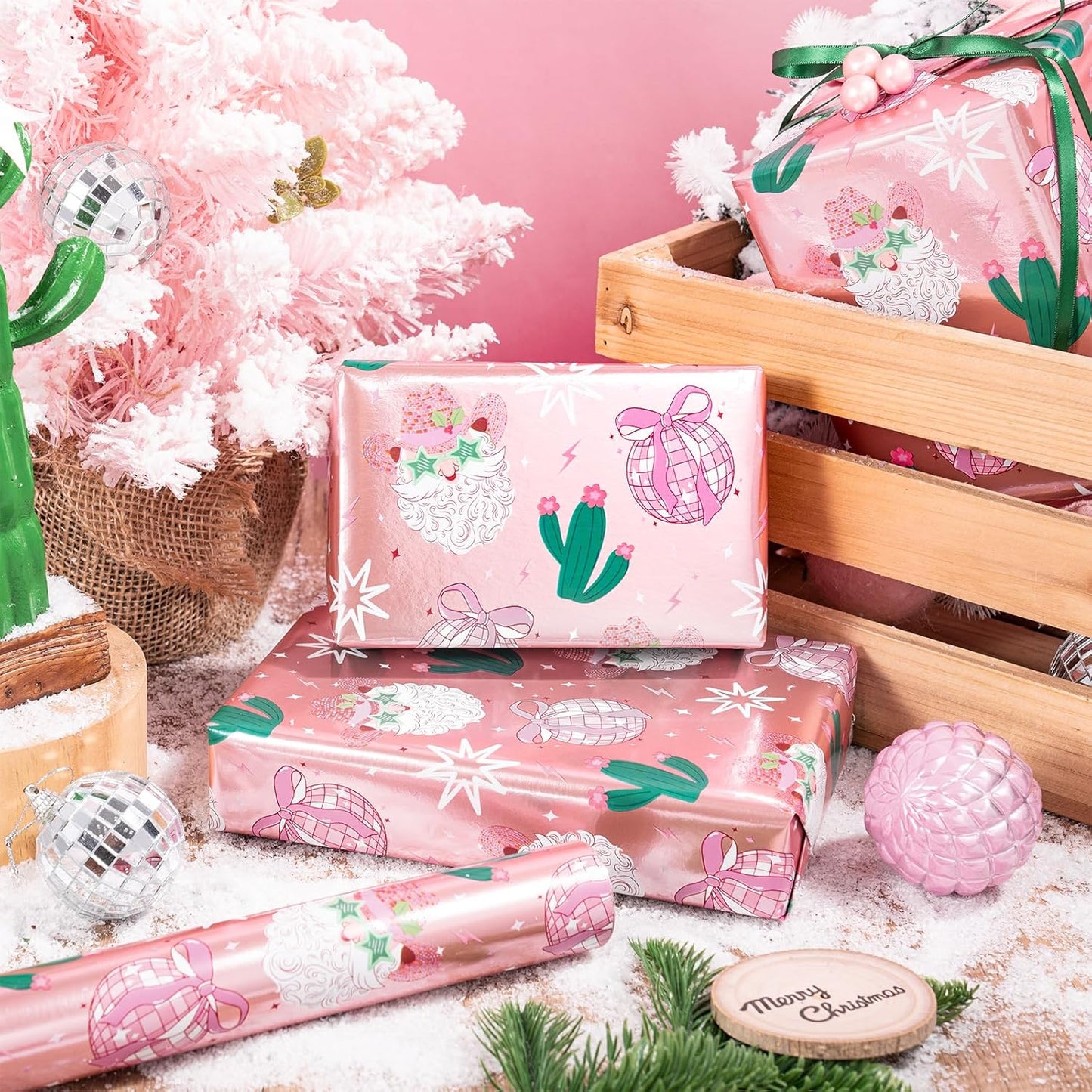 LeZakaa Pink Christmas Wrapping Paper Roll for Girls Women, Santa Disco Ball Cactus Design, Rose Gold Foil Western CowGirls Holiday Gift Wrap, Mini Roll 17 in x 16.4 Ft