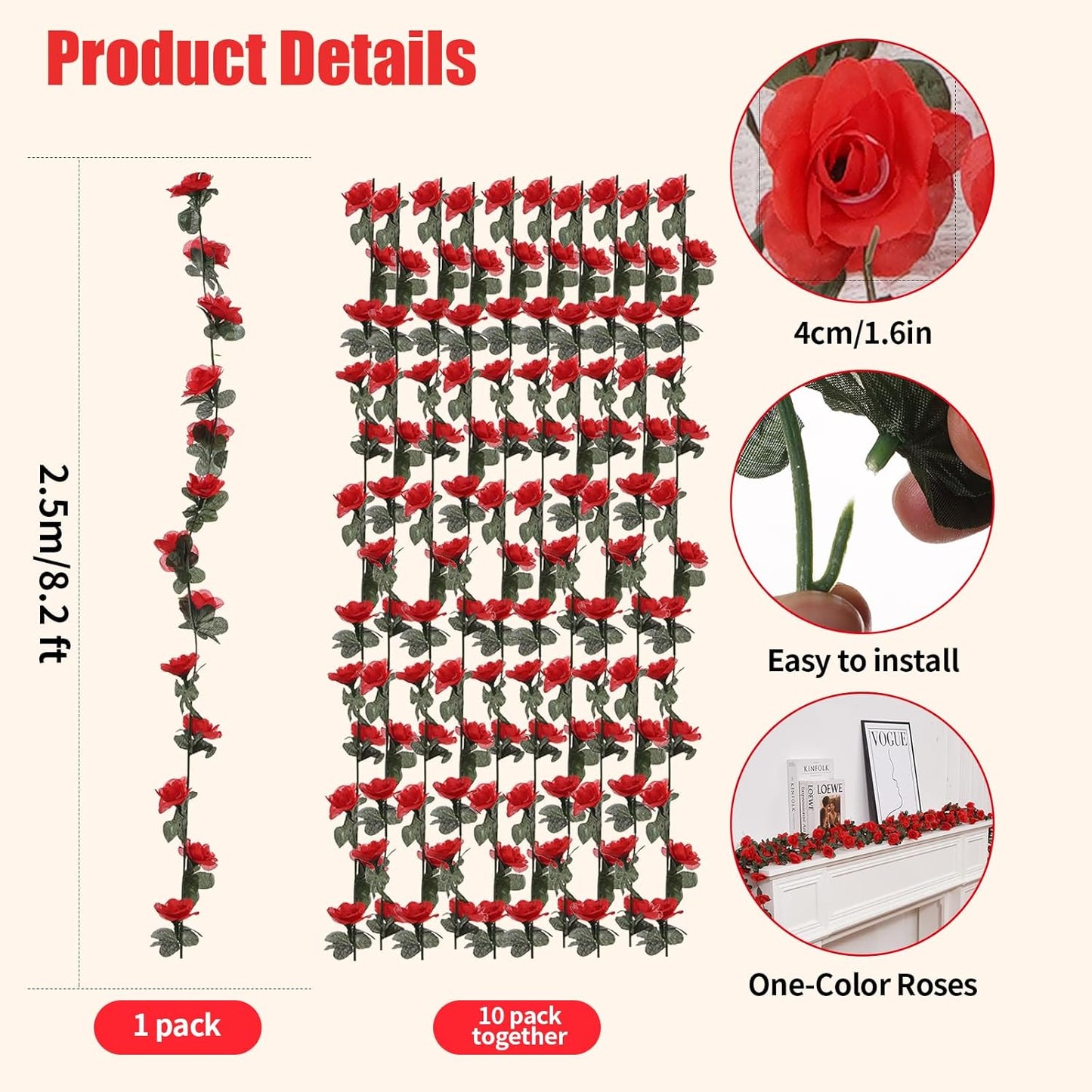 10 Pcs 82FT Flower Garland, Artificial Rose Garland Flowers Plants Fake Flower Hanging Rose Ivy, Birthday Party Valentine's Day Wedding Wall Arch Decor（Red）