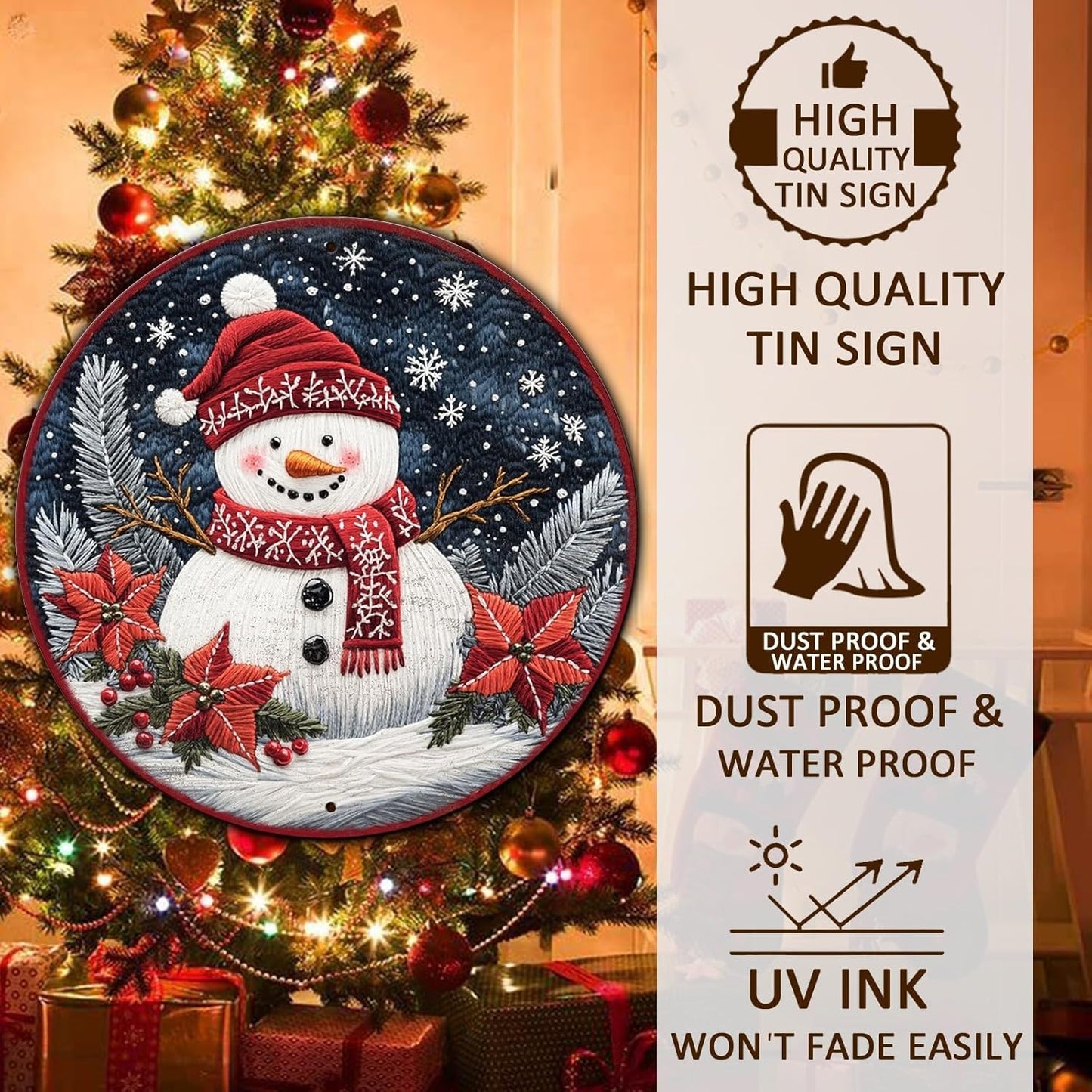Round Christmas Snowman Decor Metal Tin Sign for Door Hanging Sign for Home Bars Clubs Cafes 8 * 8 in