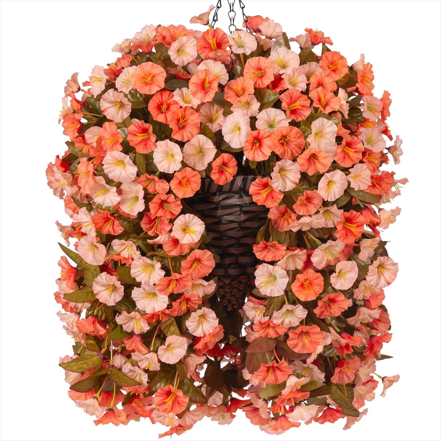 Artificial Fake Fall Hanging Flowers Plants Basket for Outdoor Autumn Decoration, Faux Silk Morning Glory Long Vines Realistic UV Resistant for Outside Home Porch Garden (Fall Orange+Light Orange)