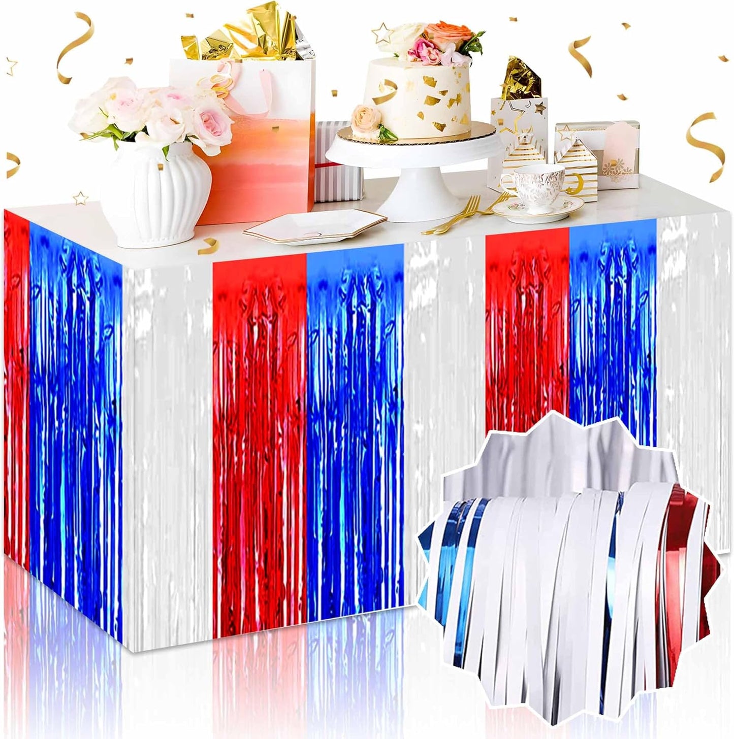 3 Pack White Blue Red Foil Fringe Table Skirts Metallic Tinsel Streamers Garland Banner Backdrop for Table Decor, Parade Float, Birthday, Wedding, Halloween, Christmas Party Decorations(29x108 In)