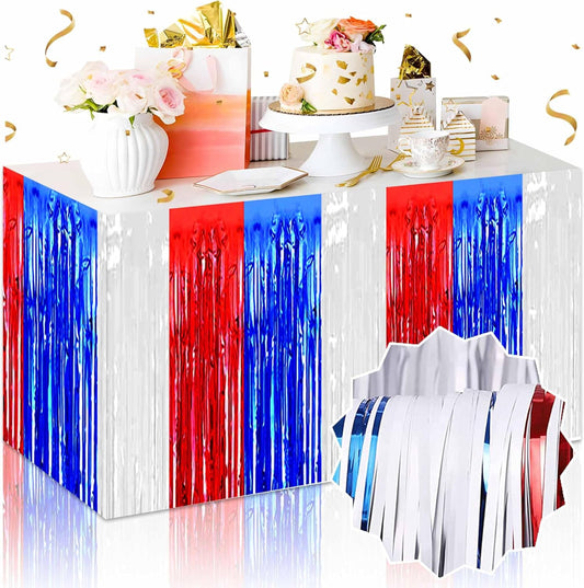 3 Pack White Blue Red Foil Fringe Table Skirts Metallic Tinsel Streamers Garland Banner Backdrop for Table Decor, Parade Float, Birthday, Wedding, Halloween, Christmas Party Decorations(29x108 In)