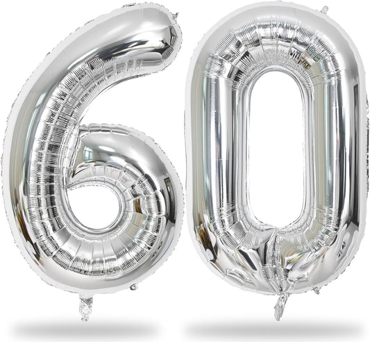 40 Inch Number 60 Balloons, Giant Silver Number 6 & 0 Helium Foil Balloon for Girls 60th Birthday Decor, Self Inflating Mylar 60 Balloon Numbers for Man Women Anniversary Party Decorations Supplies