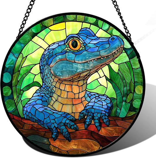 Stained Glass Window Hanging, Blue Alligator Sun Catcher for Window Door Home Decor Green Brown Suncatcher Christmas Mother's Day Birthday Gifts for Women Men Mom and Nana 15 in
