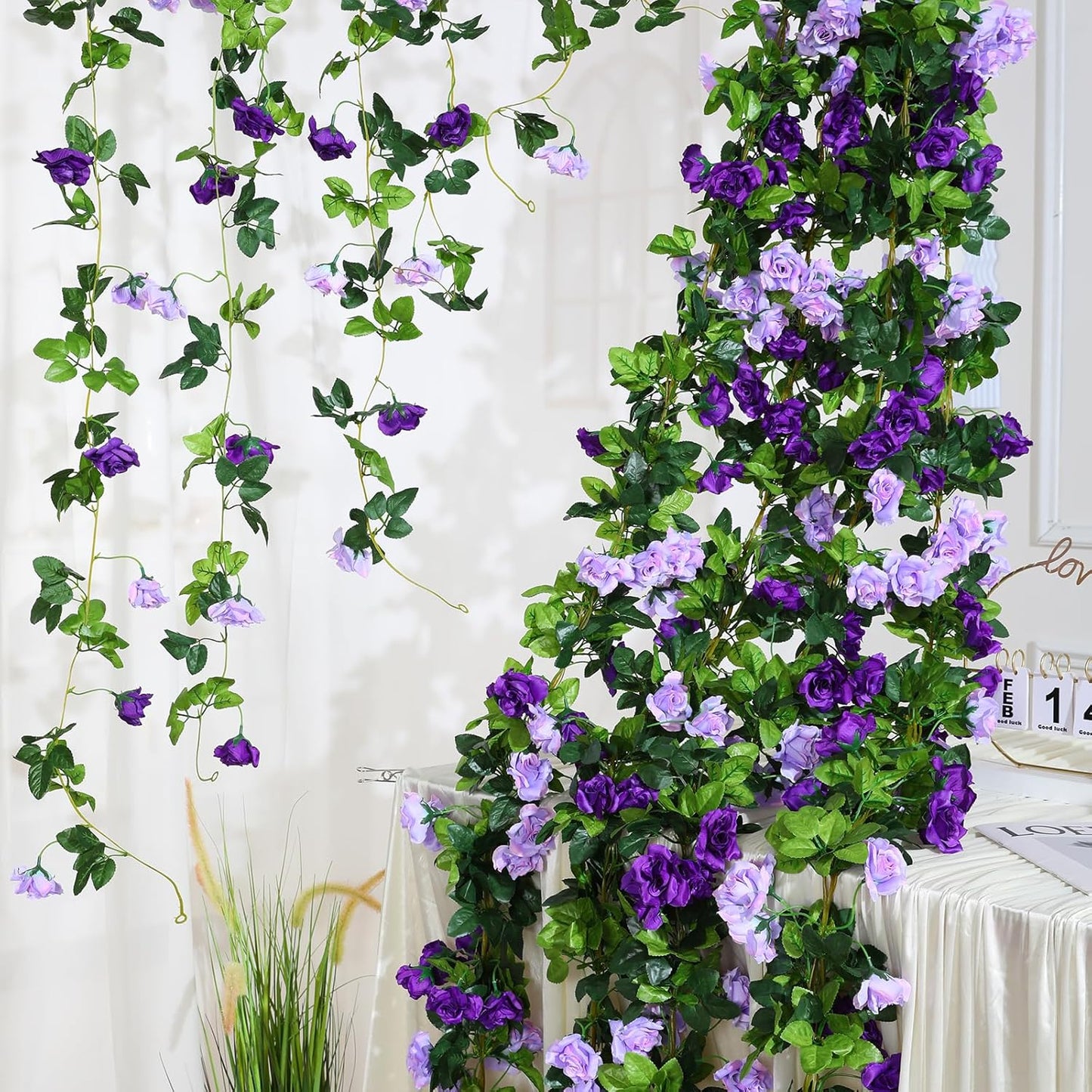 Floweroyal 6 Pack Artificial Flower Garlands 7.9FT Fake Rose Vines Silk Flowers Hanging Rose Ivy for Wedding Arch Party Home Garden Wall Decor (Purple)