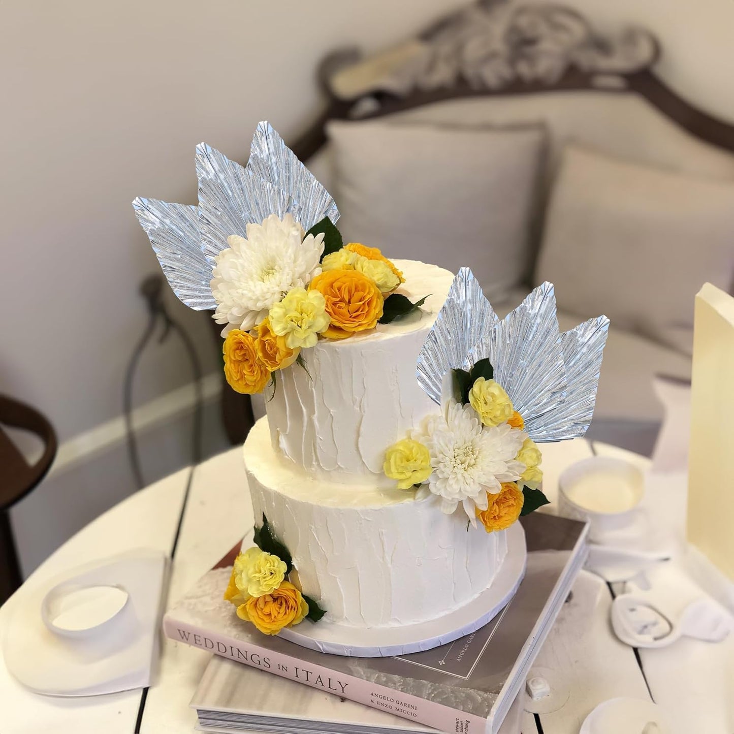 Ephlyn 6Pcs Paper Palm Leaves Fan Cake Toppers Palm Leaf Fan Cake Picks Craft DIY Fan Cupcake Toppers Palm Spear Leaves Cake Decorations for Baby Shower Wedding Birthday Party Supplies Bright Silver