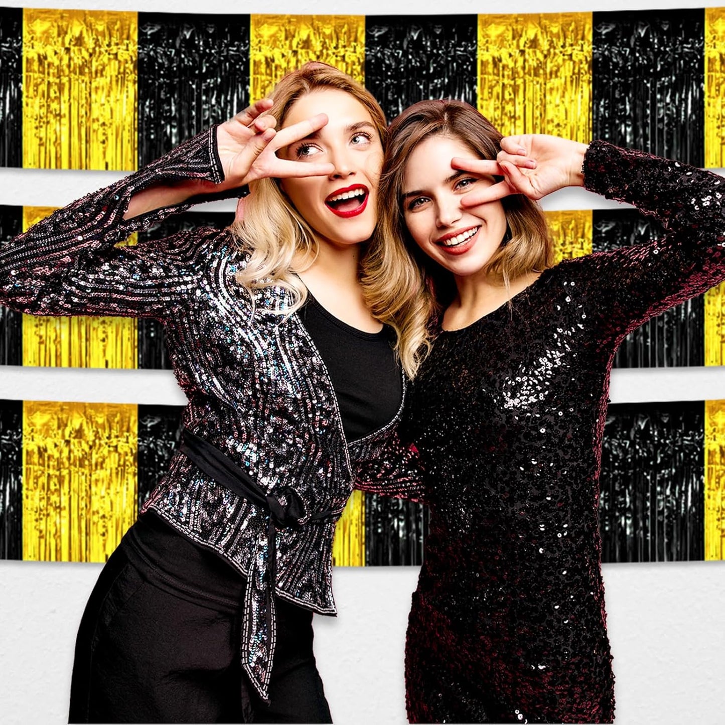 4 Pack 10 Feet Black Gold Foil Fringe Garland Metallic Tinsel Streamers Banner Wall Hanging Curtain Backdrop for Parade Floats, Wedding, Graduate, Mother's Day, Birthday Party Decoration