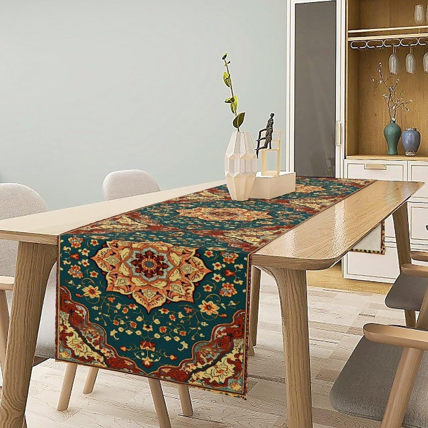 Boho Rich Table Runner, Vintage Blue Teal Gold Retro Flower Rustic Country Style Floral Print Pattern for Home Kitchen Table Decor Dining Coffee Room Garden Party Decor 13x108in