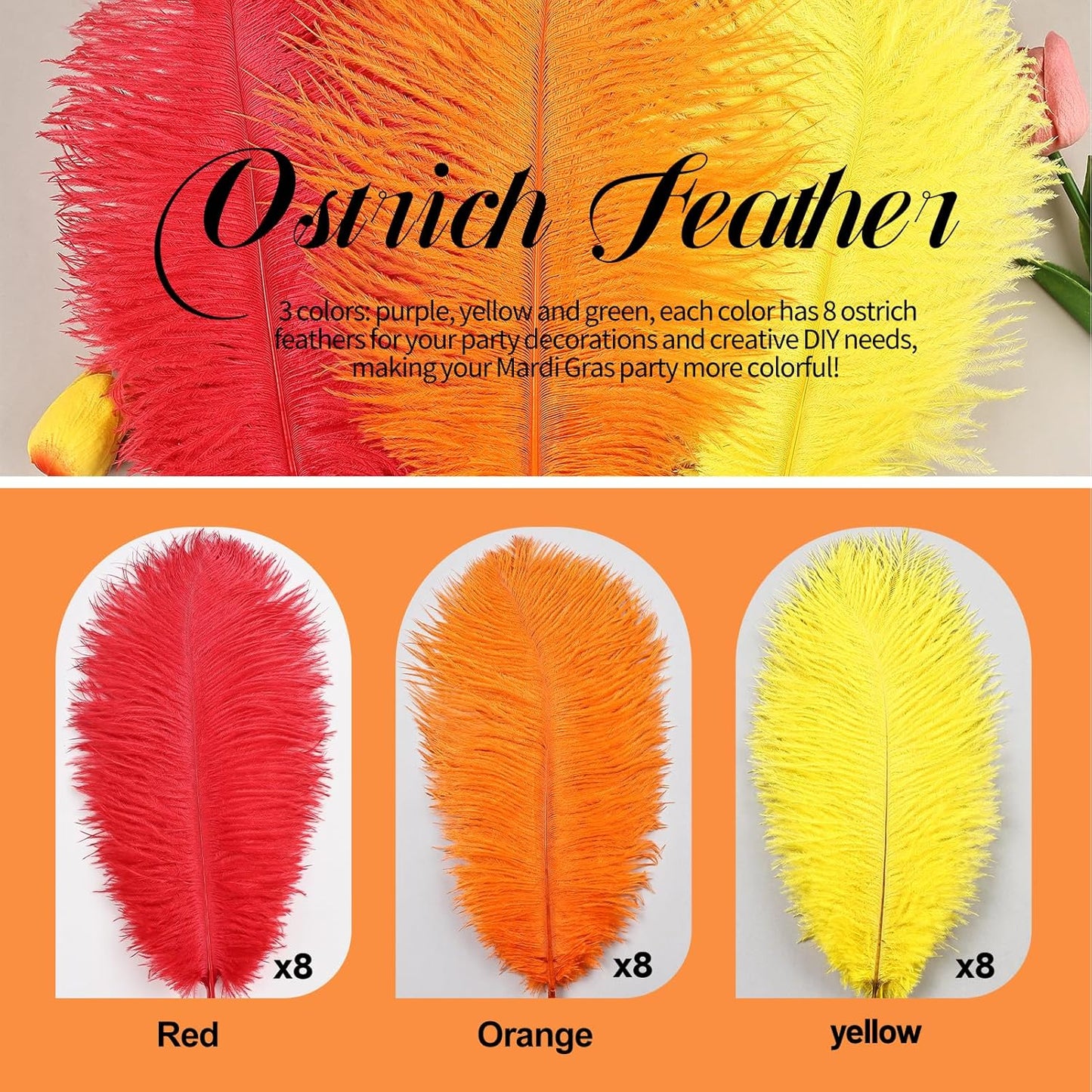 THARAHT Red Orange Yellow Ostrich Feathers 12pcs Natural Bulk 10-12Inch 25cm-30cm for Crafts Wedding Party Centerpieces Halloween and Home Decoration Feathers